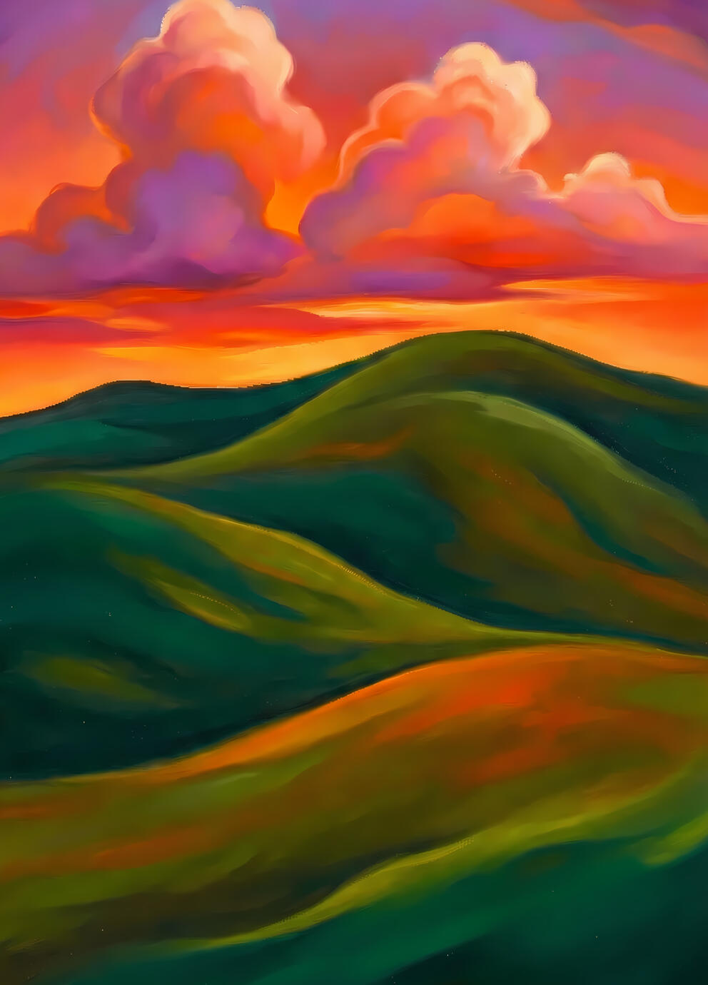 Red clouds and rolling green hills