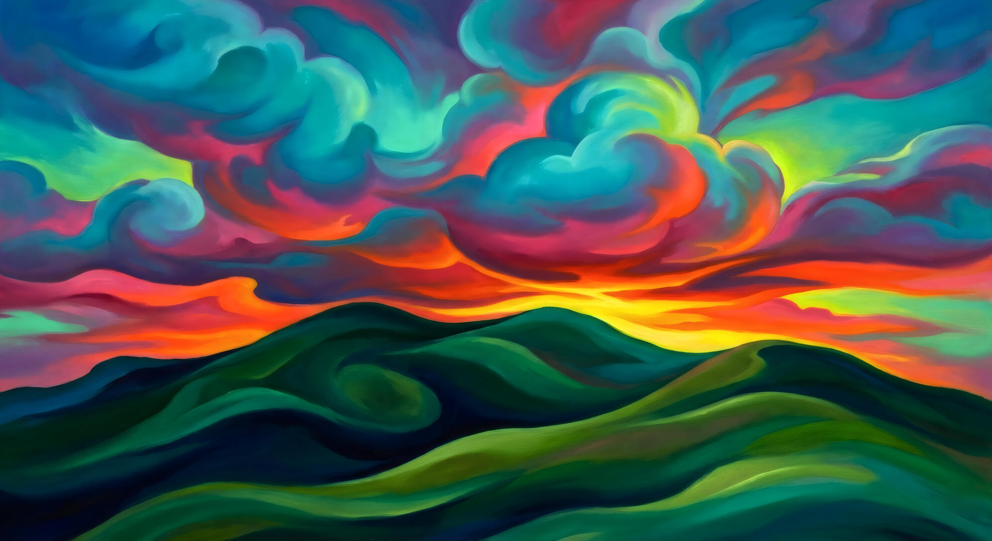 Clouds and green hills at sunset