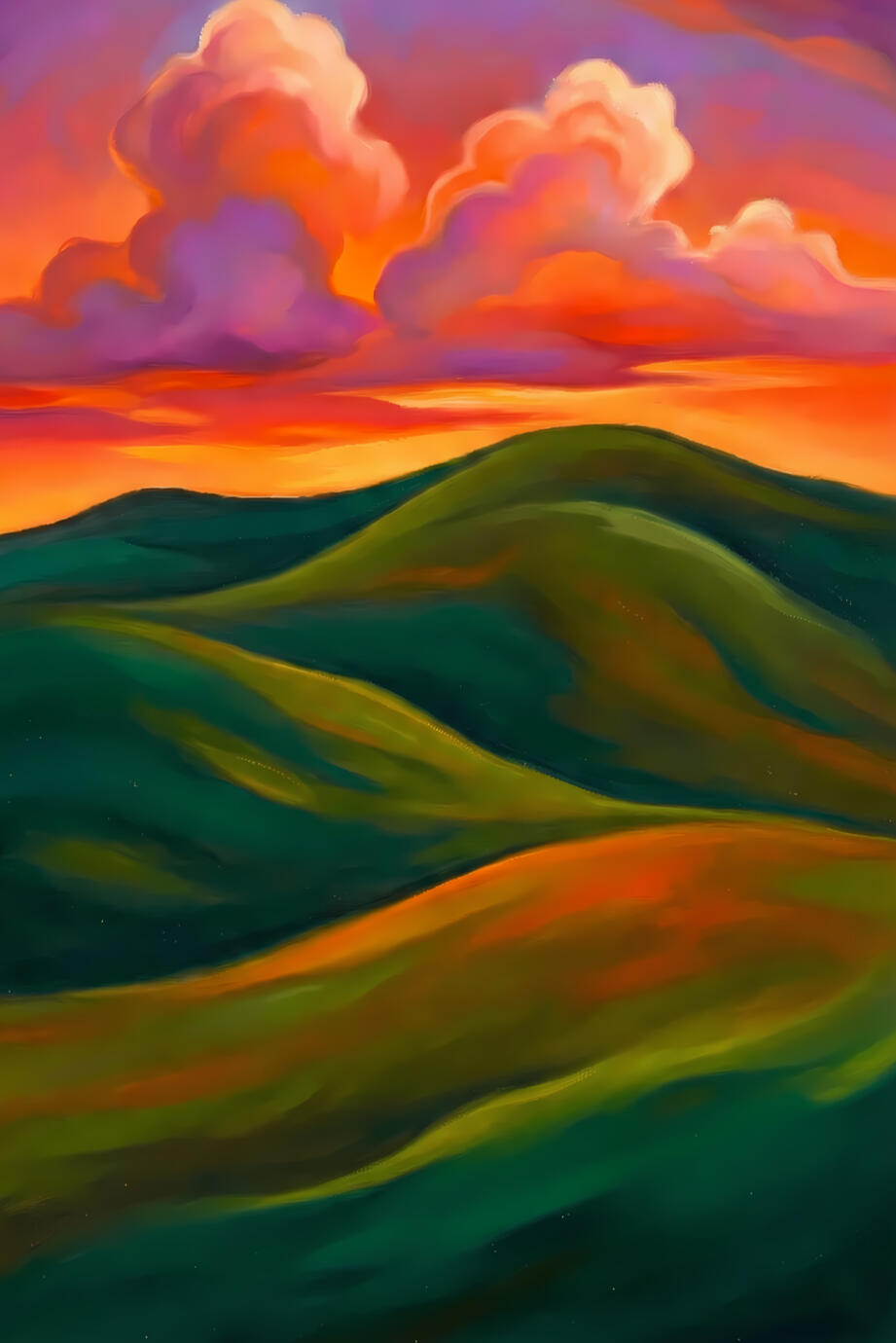 Red clouds and rolling green hills